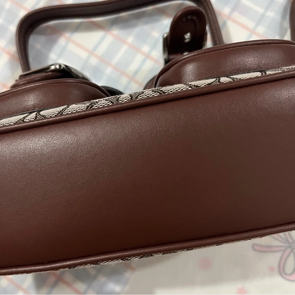 Coach Brown Signature Jacquard Crossbody Bag with Buckle Pockets